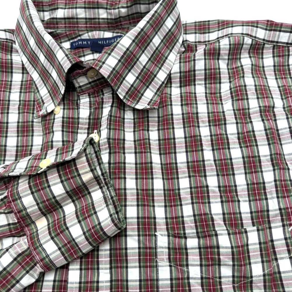 TOMMY HILFIGER Men's XXL Red Green White Plaid Button Down Long Sleeve Shirt